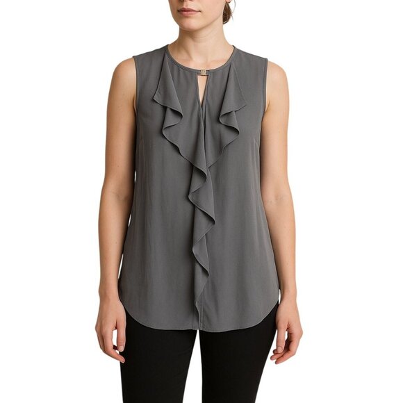 H&M Sleeveless Gray Cascading Ruffle Front Keyhole Front Detail Blouse Size 6 - Picture 1 of 8